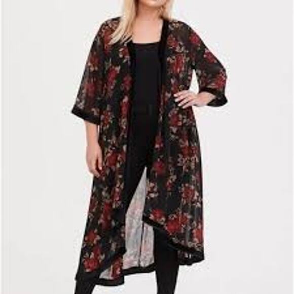 Torrid Black w/Red Florals Velvet Trim Hi-low 3/4" Sleeves Maxi Kimono Size XL - Picture 1 of 10